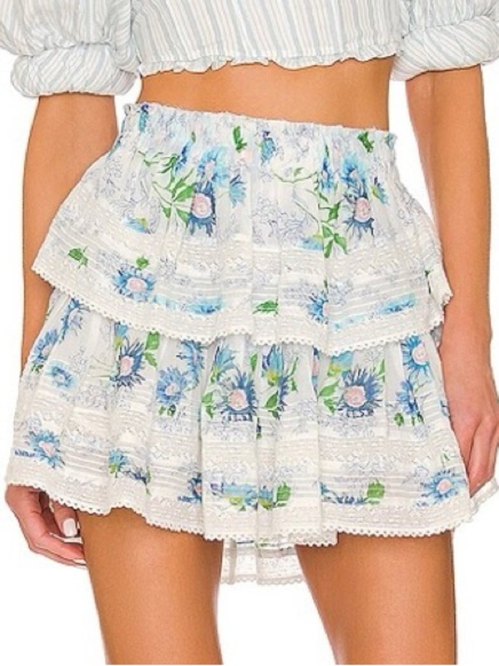 LoveShackFancy Floral Tiered Mini Skirt - White & Blue